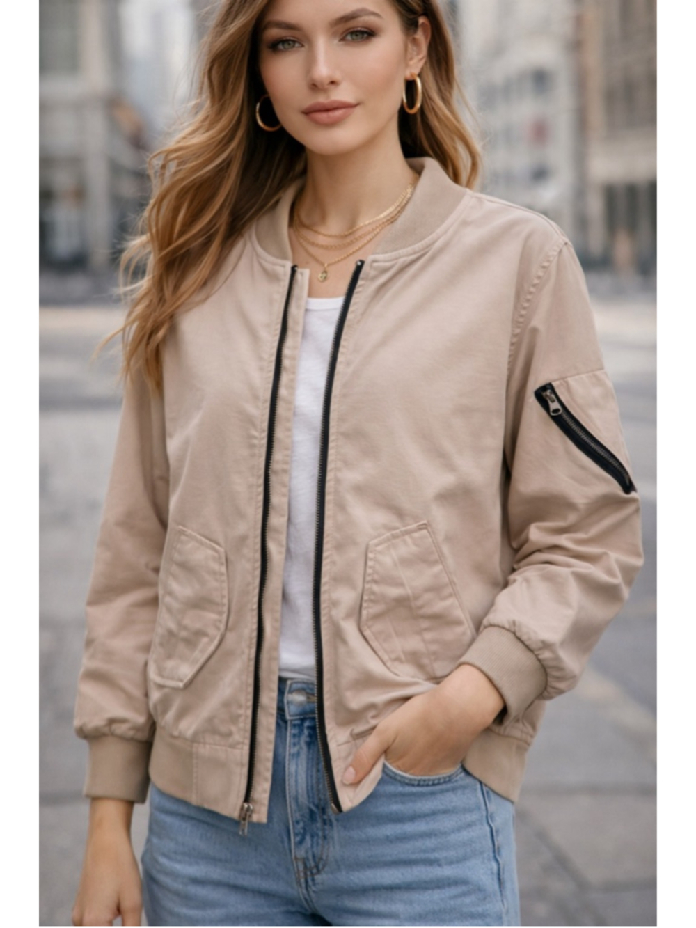 Everlane Oversized Bomber Jacket Beige Minimal Zip Front XXS